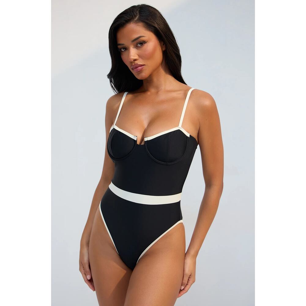 Fashion Nova Maisie Colorblock Underwire One Piece Swimsuit Black/White Size L